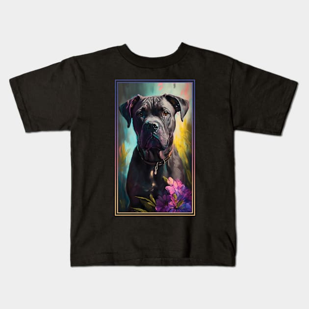 Cane Corso Dog Vibrant Tropical Flower Tall Digital Oil Painting Portrait 3 Kids T-Shirt by ArtHouseFlunky